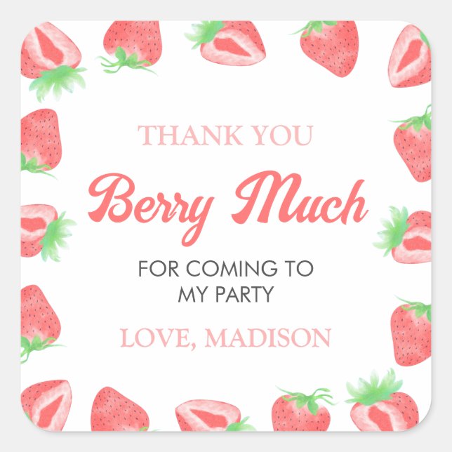 Berry First Strawberry 1st Birthday Thank You Square Sticker (Front)