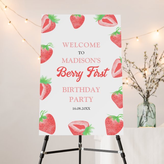 Berry First Strawberry 1st Birthday Welcome Sign (In Situ (Stand))