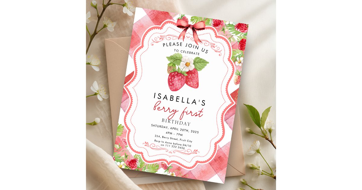 Berry First Strawberry 1st Summer Birthday Gingham Invitation | Zazzle