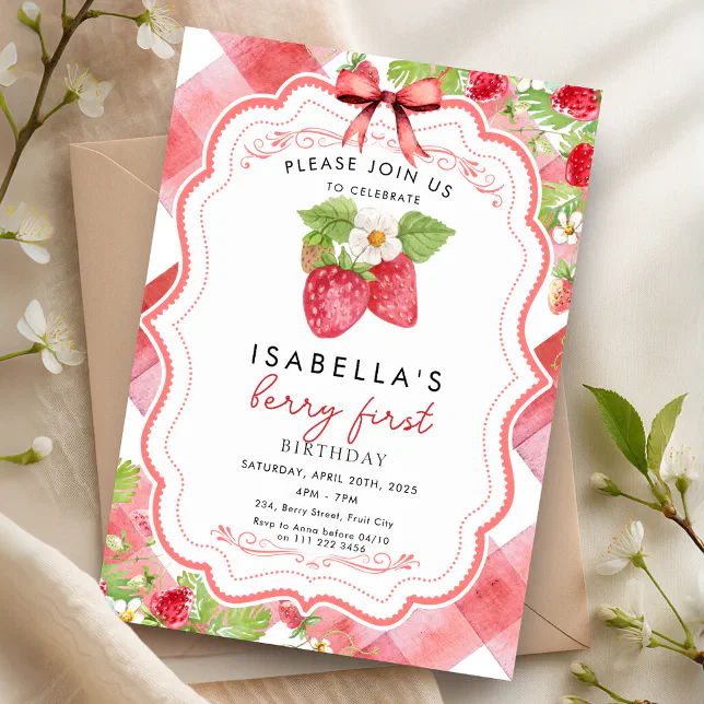 Berry First Strawberry 1st Summer Birthday Gingham Invitation | Zazzle