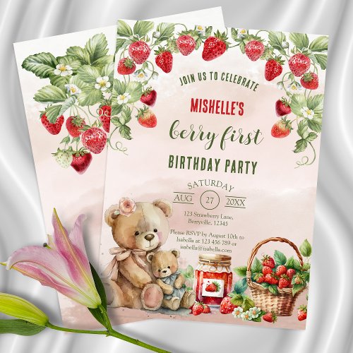 Berry First Strawberry and Bear Birthday Invitation