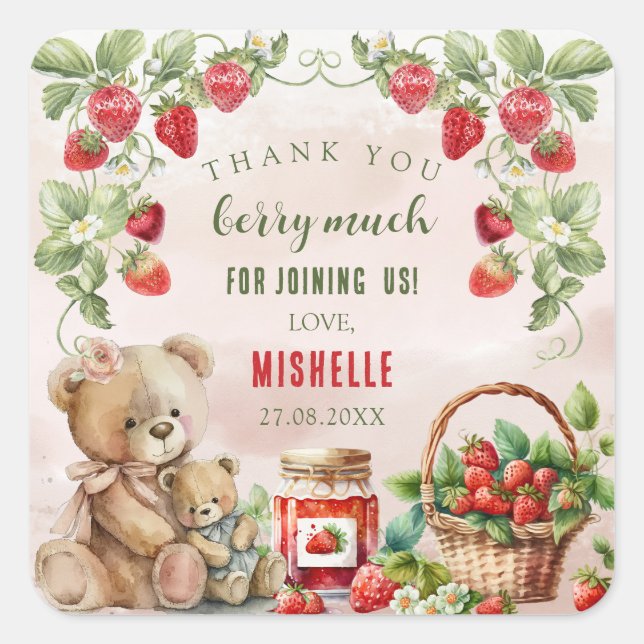 Berry First Strawberry and Bear Birthday Square Sticker (Front)