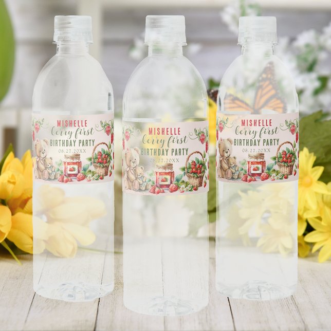 Berry First Strawberry and Bear Birthday Water Bottle Label (Creator Uploaded)