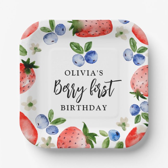 Berry First Strawberry and Blueberry Birthday Paper Plates (Front)
