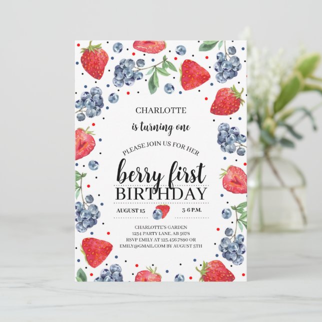 Berry First Strawberry and Blueberry Invitation (Standing Front)
