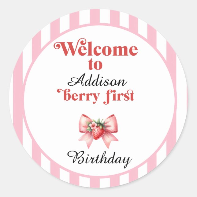 Berry First Strawberry and bow Birthday  Classic Round Sticker (Front)