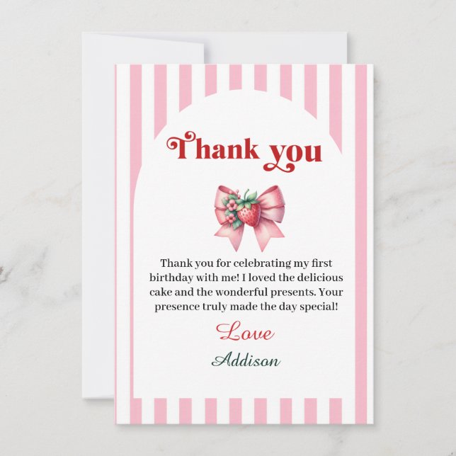 Berry First Strawberry and Bow  Thank You Card (Front)