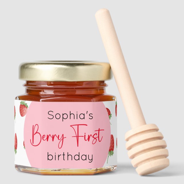 Berry First Strawberry Birthday Honey Jar Favors (Front)