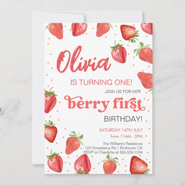  Berry First Strawberry Birthday Invitation (Front)