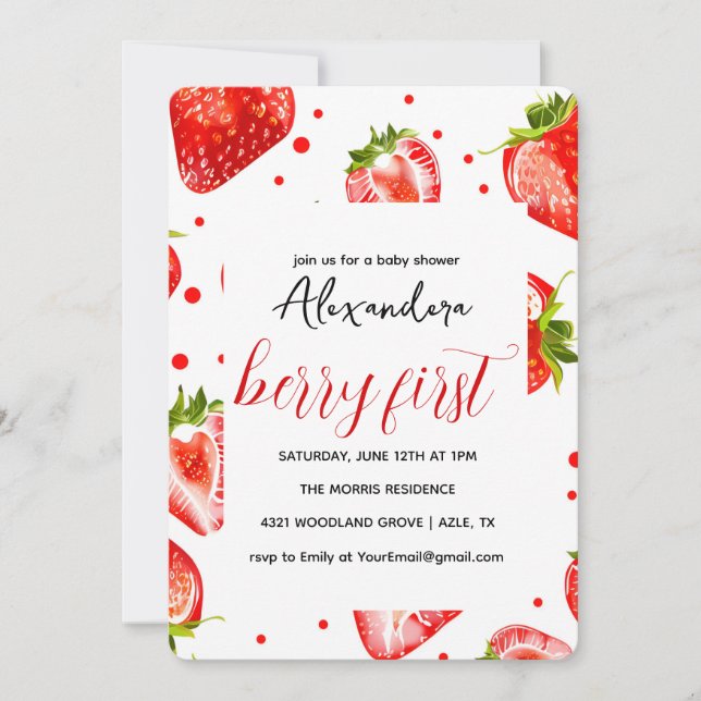  Berry First Strawberry Birthday Invitation, Red Invitation (Front)