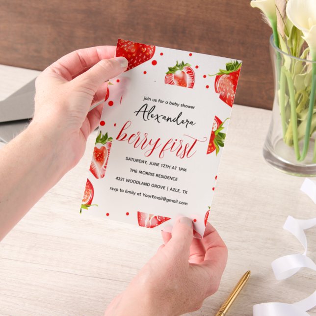  Berry First Strawberry Birthday Invitation, Red Vellum Invitations (Handheld)