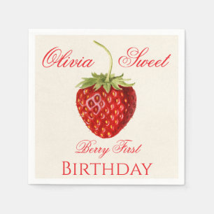 Berry First Strawberry Birthday Name Party Napkins