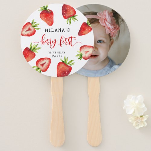 Berry First Strawberry Birthday Party Photo  Hand Fan