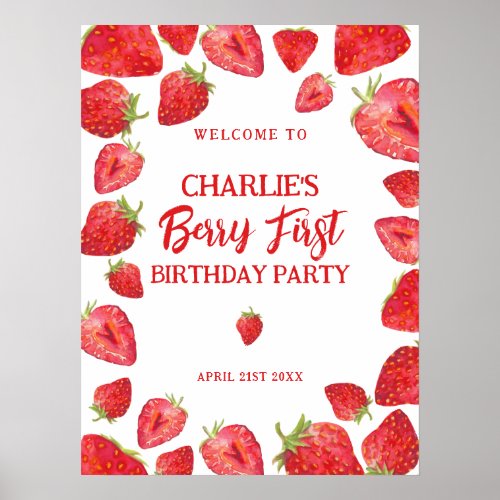 Berry First Strawberry Birthday Party Welcome Sign