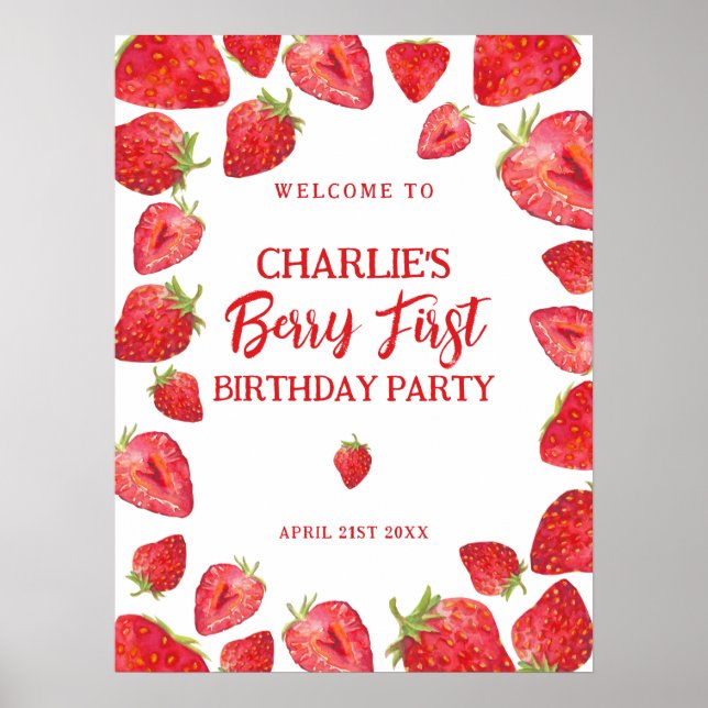 Berry First Strawberry Birthday Party Welcome Sign (Front)