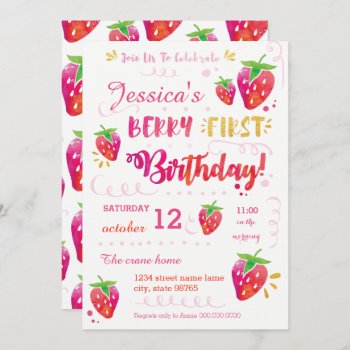 Berry First Strawberry Birthday Pary Invitation by LaurEvansDesign at Zazzle