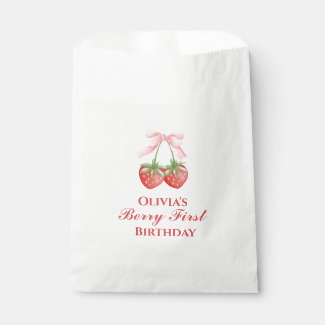 Berry first strawberry birthday Pink Bow Favor Bag (Front)