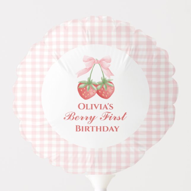Berry first strawberry birthday Pink Bow Gingham Balloon (Front)