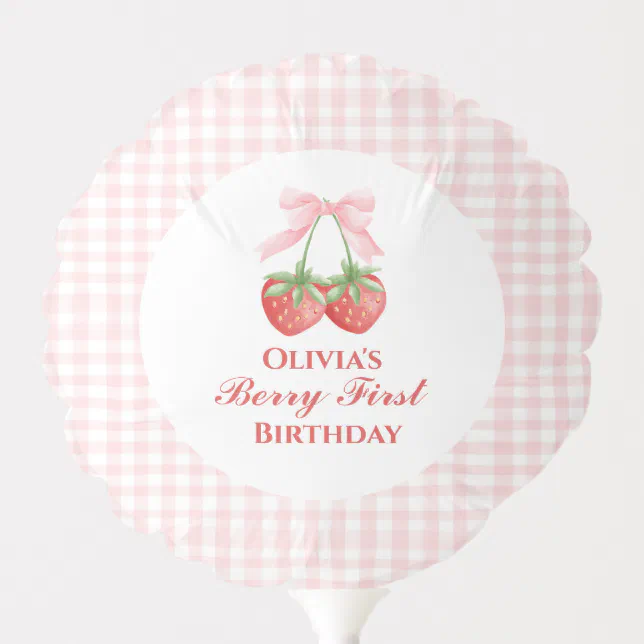 Berry first strawberry birthday Pink Bow Gingham Balloon | Zazzle