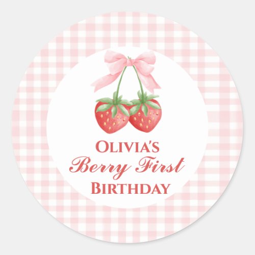 Berry first strawberry birthday Pink Bow Gingham Classic Round Sticker