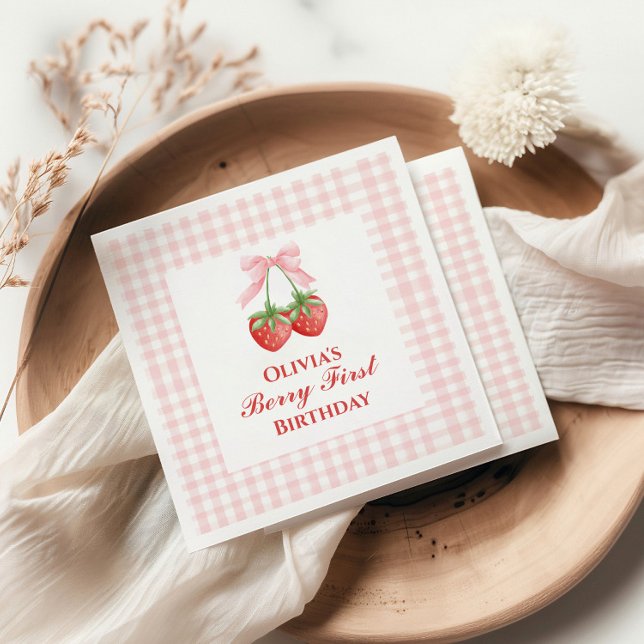 Berry first strawberry birthday Pink Bow Gingham Napkins (Creator Uploaded)