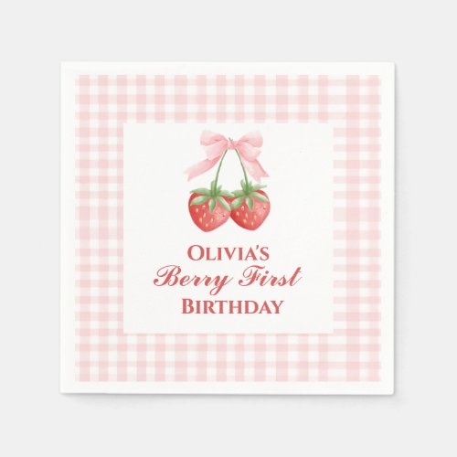 Berry first strawberry birthday Pink Bow Gingham Napkins