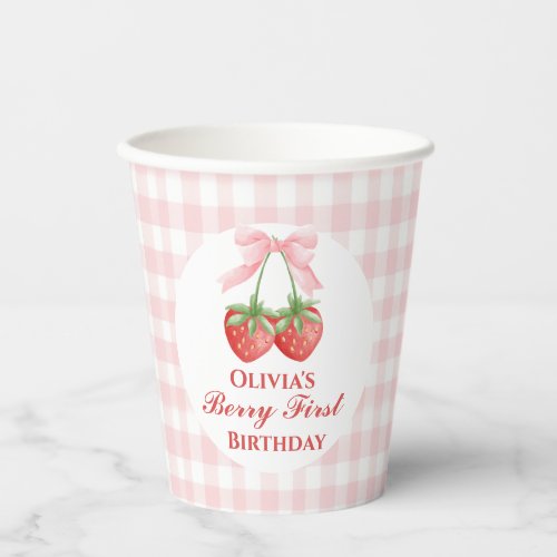 Berry First Strawberry birthday Pink Bow Gingham Paper Cups