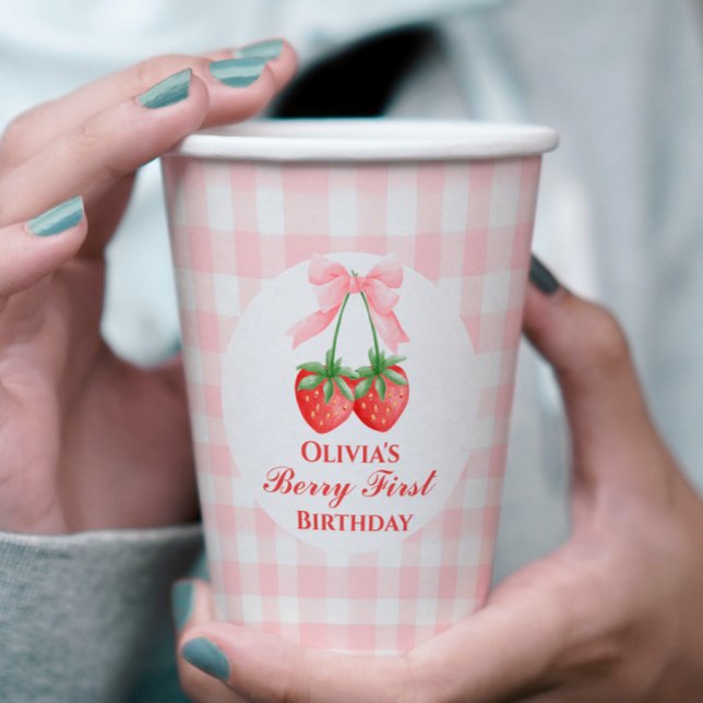 Berry First Strawberry birthday Pink Bow Gingham Paper Cups (Creator Uploaded)