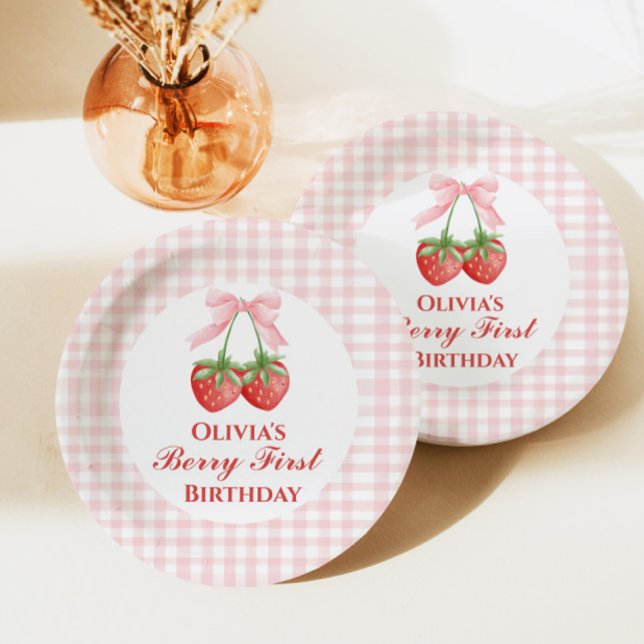 Berry first strawberry birthday Pink Bow Gingham Paper Plates (Creator Uploaded)
