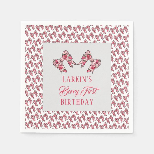Berry first strawberry birthday Pink Bow Napkins (Front)