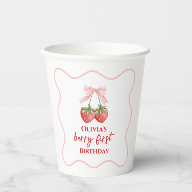 Berry first strawberry birthday Pink Bow Paper Cups (Front)