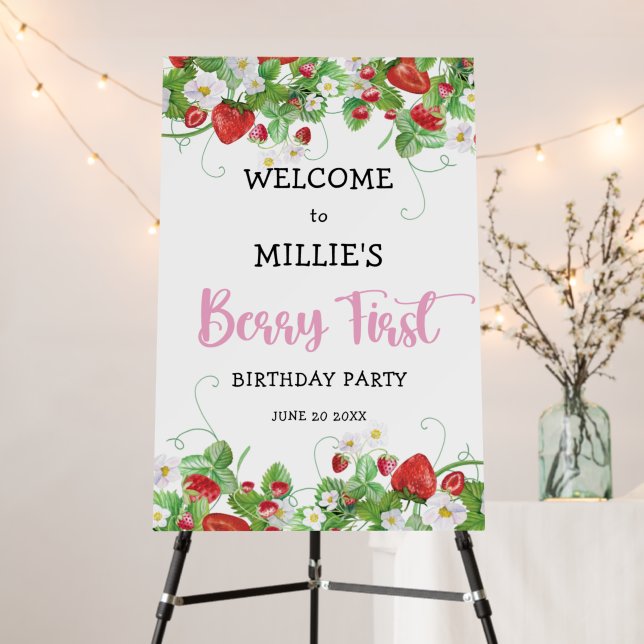 Berry First Strawberry Birthday Welcome Sign (In Situ (Stand))