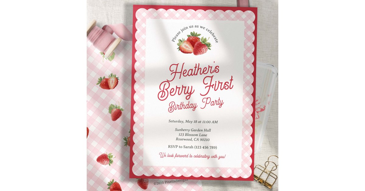 Berry First Strawberry Birthday with Pink Gingham Invitation | Zazzle