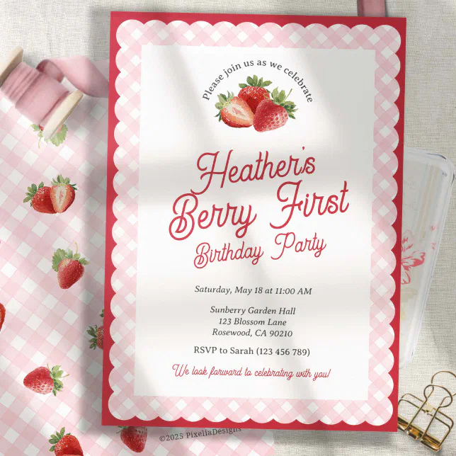 Berry First Strawberry Birthday with Pink Gingham Invitation | Zazzle