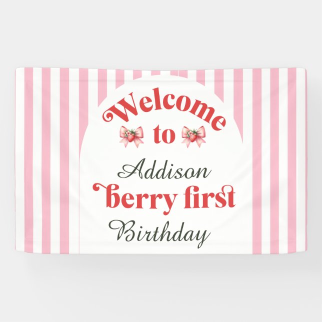 Berry First Strawberry & bow 1st birthday  welcome Banner (Horizontal)