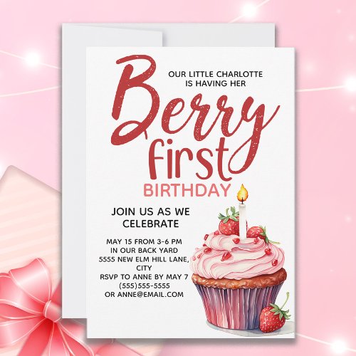 Berry First Strawberry Cupcake 1st Birthday Invitation
