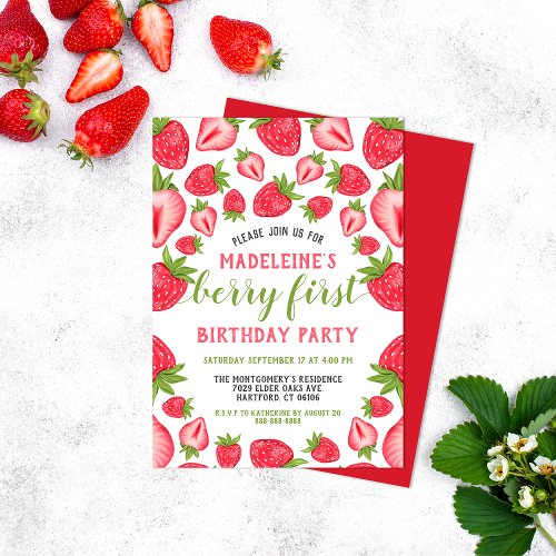 Berry First Strawberry Cute Custom 1st Birthday Invitation