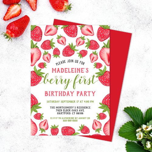 Berry First Strawberry Cute Custom 1st Birthday Invitation