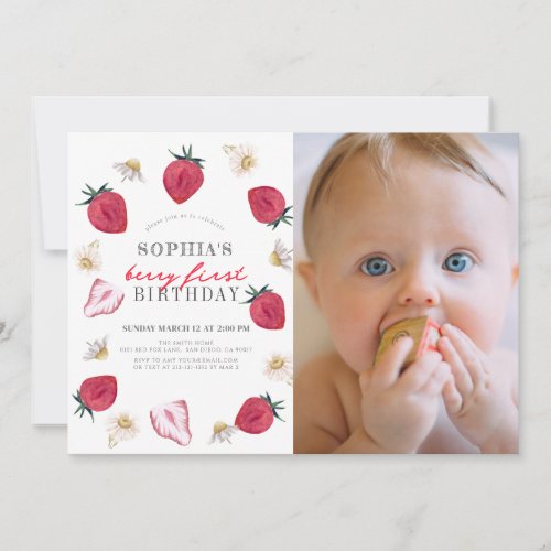 Berry First Strawberry Floral 1st Birthday Photo Invitation