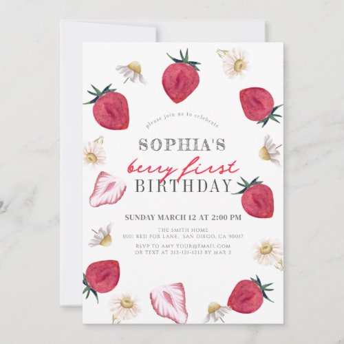 Berry First Strawberry Floral Girl 1st Birthday Invitation