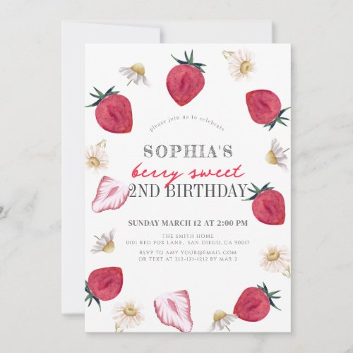 Berry First Strawberry Floral Girl Birthday Invitation
