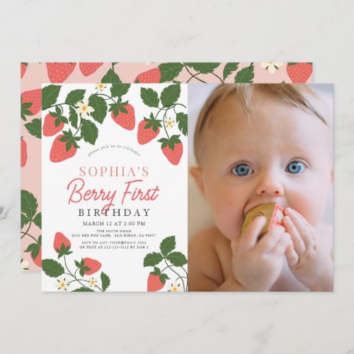 Berry First Strawberry Floral Photo 1st Birthday Invitation