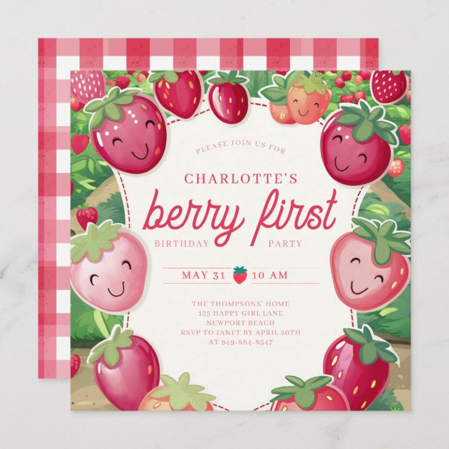 Berry First Strawberry Frame Sweet 1st Birthday Invitation (Front/Back)