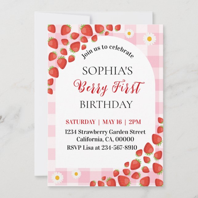 Berry First Strawberry gingham birthday invitation (Front)
