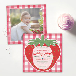 Berry First Strawberry Gingham Photo 1st Birthday Invitation