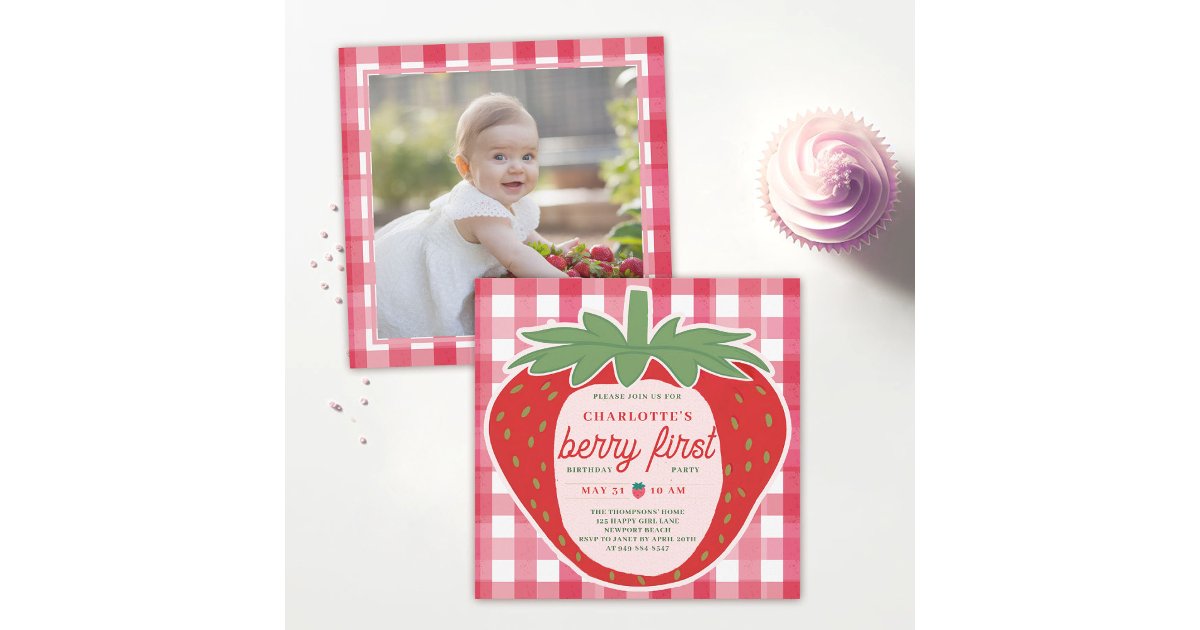 Berry First Strawberry Gingham Photo 1st Birthday Invitation | Zazzle
