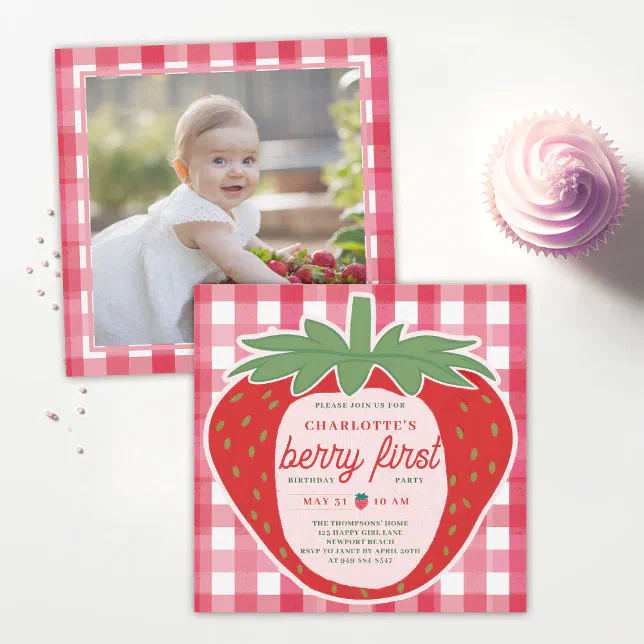 Berry First Strawberry Gingham Photo 1st Birthday Invitation | Zazzle