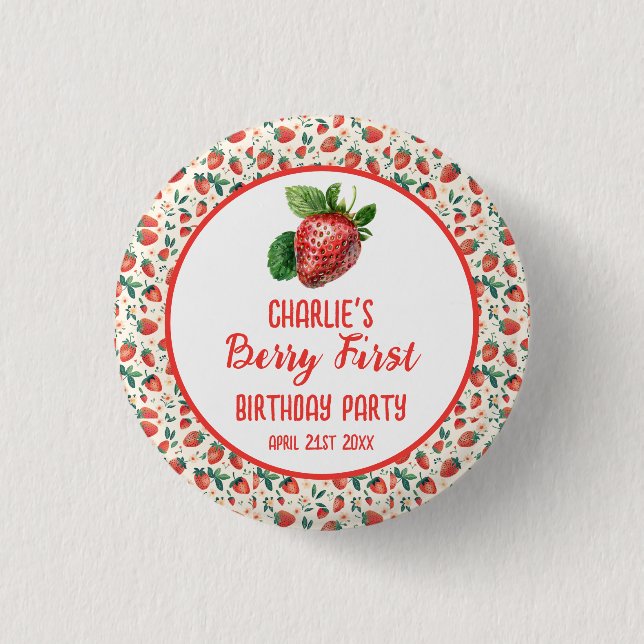 Berry First Strawberry Girl 1st Birthday Party  Button (Front)