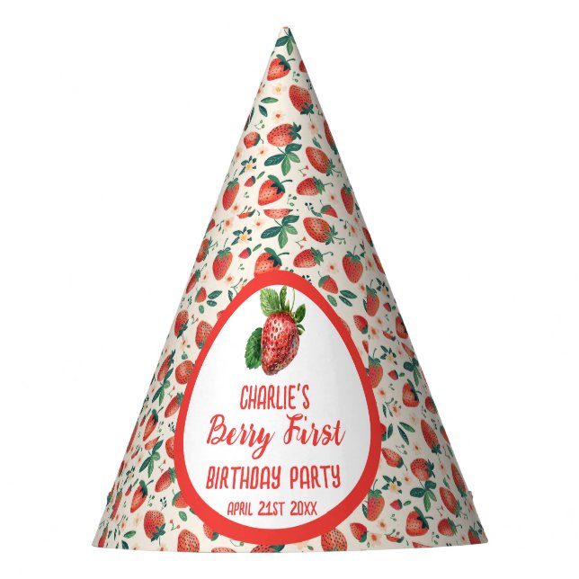 Berry First Strawberry Girl 1st Birthday Party Hat (Front)