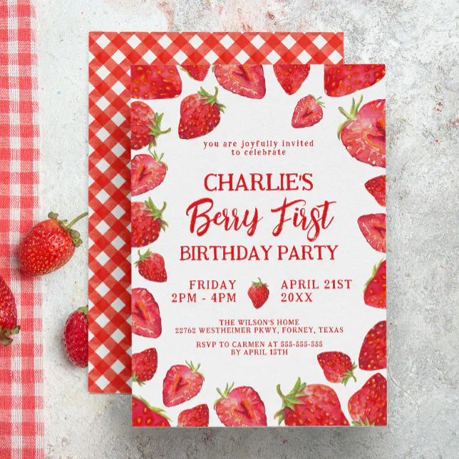 Berry First Strawberry Girl 1st Birthday Party Invitation | Zazzle